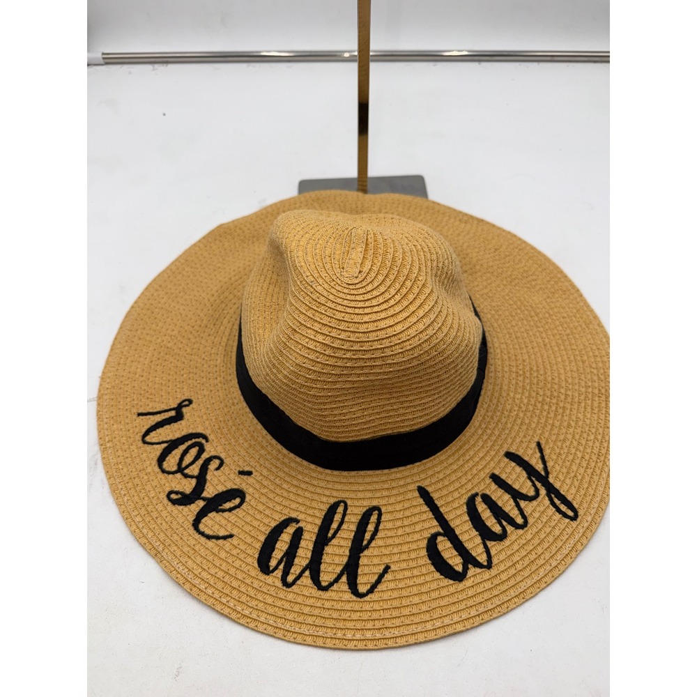 C.C Exclusives Tan Straw Sun Hat Rose All Day Wide Brim Floppy Beach Hat